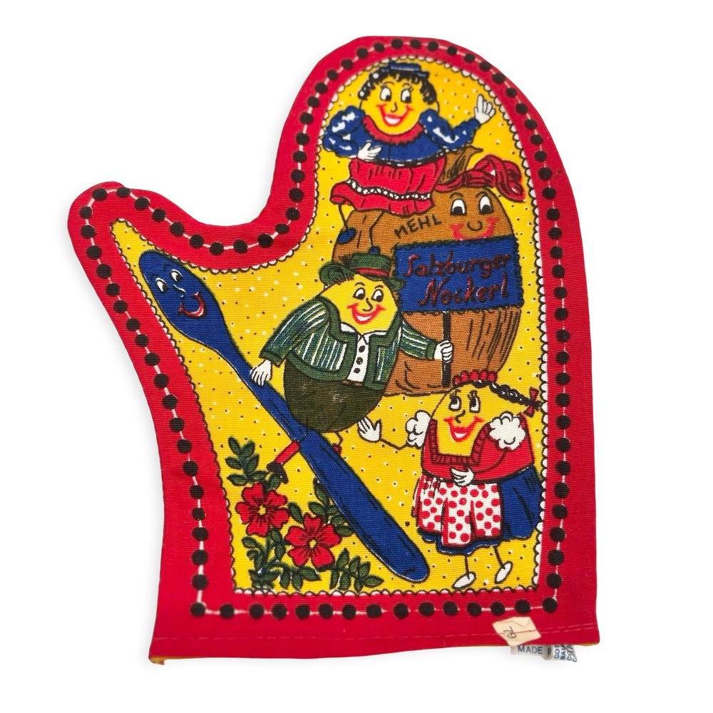 Vintage Austrian 70s Folk Art Recipe Reversible Oven Mitt Red Salzburger Nockerl